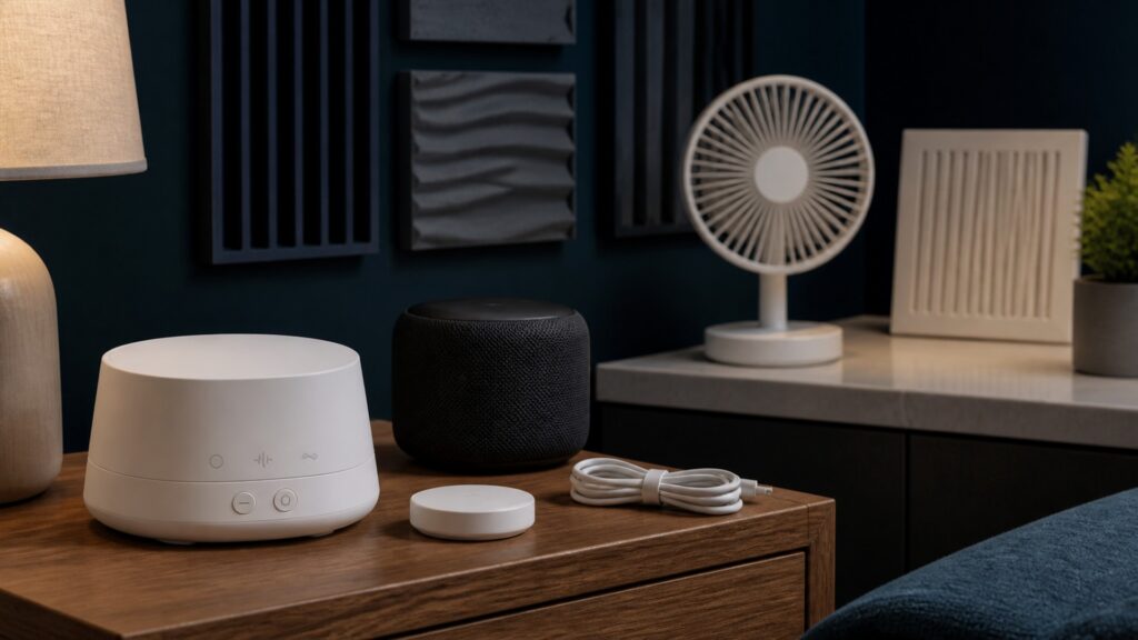 People-free editorial still life illustrating sound masking versus tactile bedding support