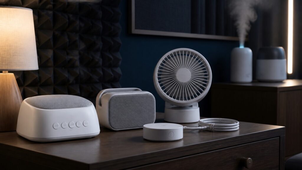 People-free editorial still life illustrating speaker playback versus whole-room condition control