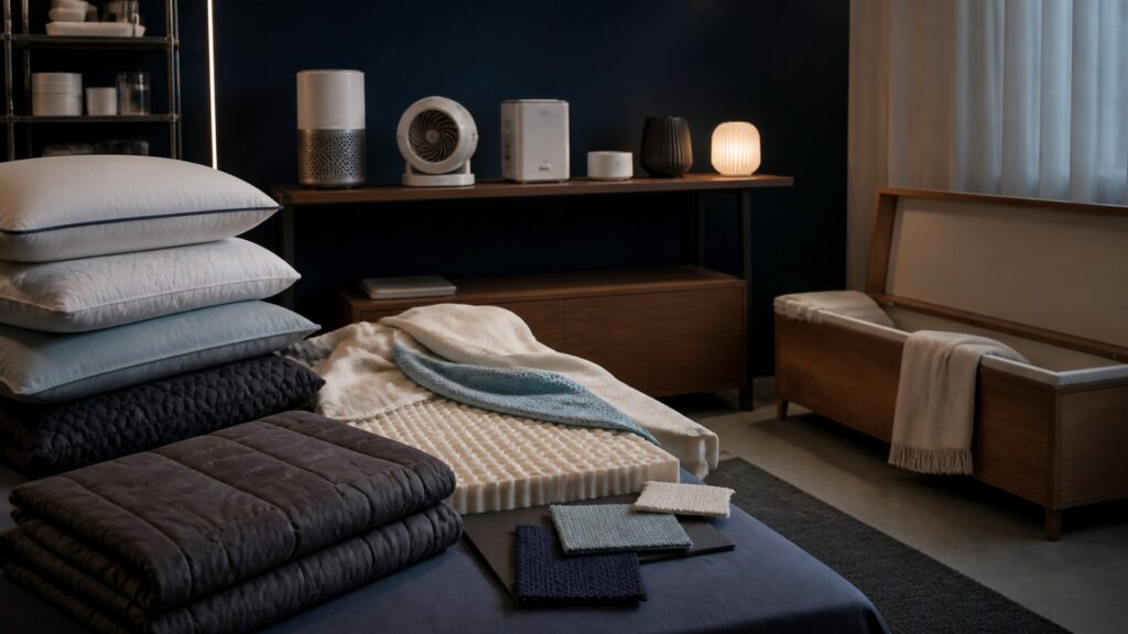 People-free editorial still life illustrating bedding material choice versus room climate adjustment