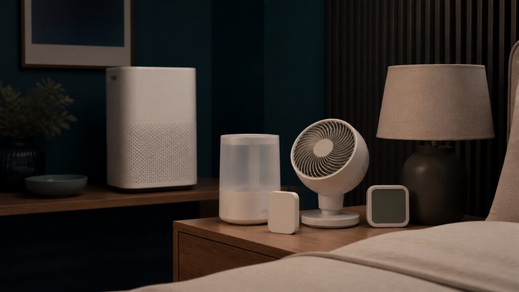 People-free editorial still life illustrating temperature humidity or light control beyond sound