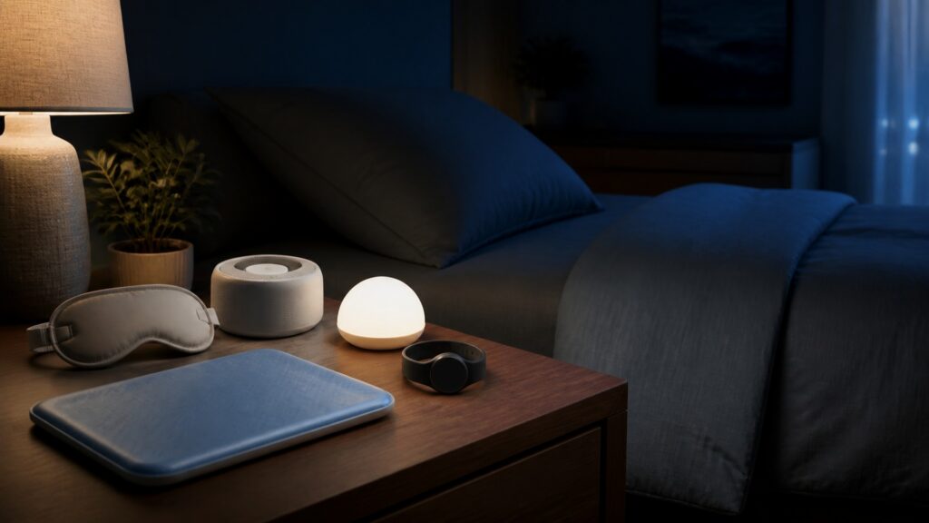 People-free editorial still life illustrating nighttime sensory support versus task scaffolding