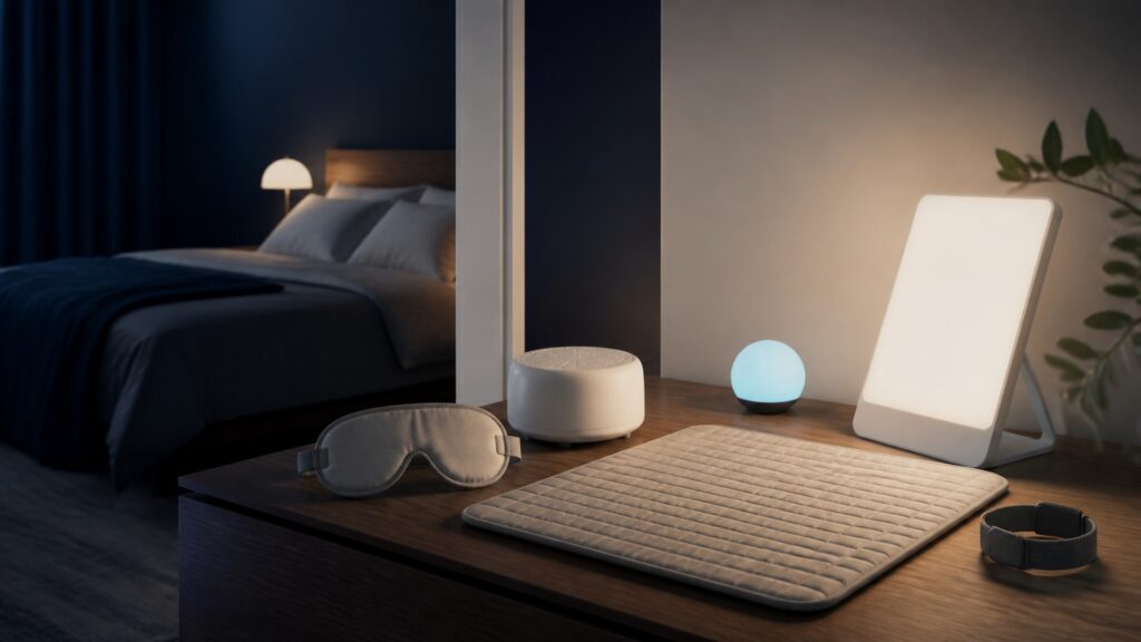 People-free editorial still life illustrating broad rest environment versus scheduled illumination