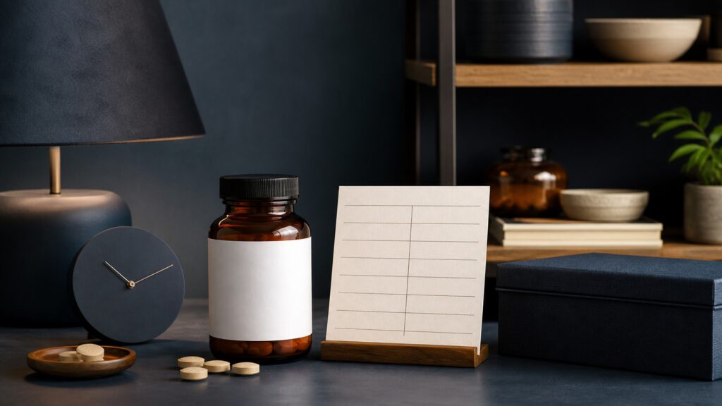 People-free editorial still life illustrating sleep timing and nocturnal continuity versus daytime cognition stress or mood