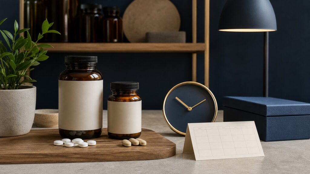People-free editorial still life illustrating defined insomnia or circadian questions versus routine nutrient breadth