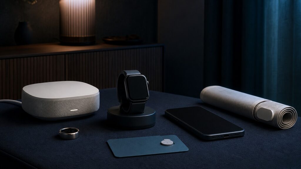 People-free editorial still life illustrating nightly signal collection rather than sound playback