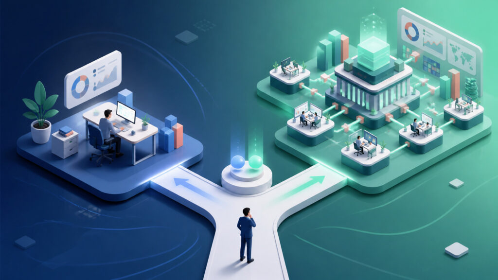 Editorial business scene illustrating small business accounting software and enterprise accounting software