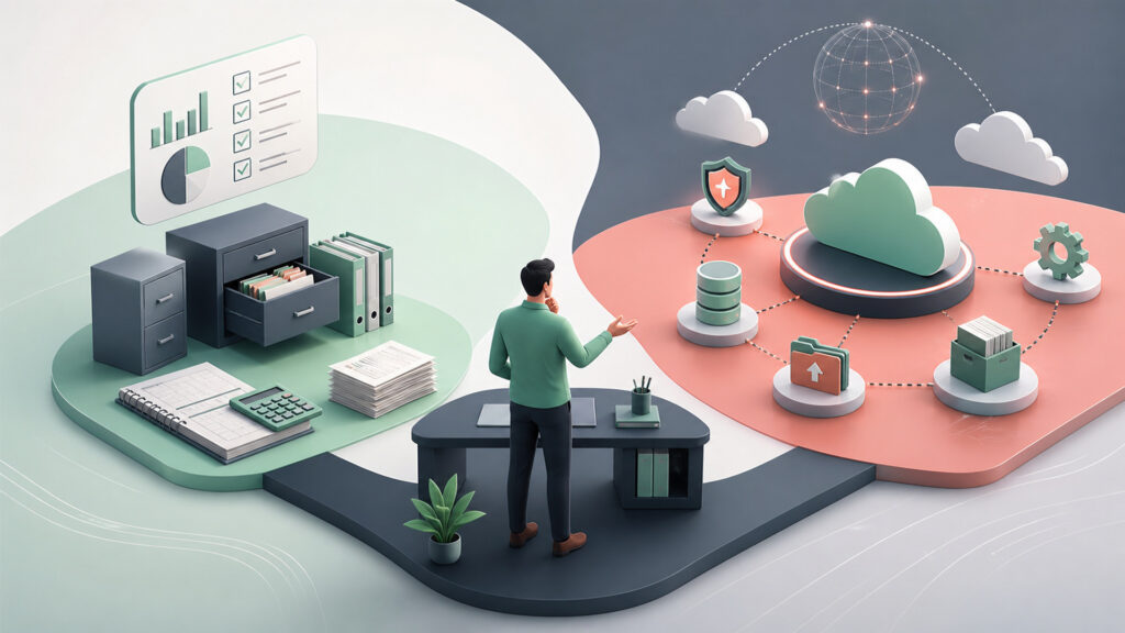 Editorial business scene illustrating small business bookkeeping software and cloud accounting software