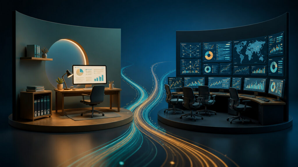 Editorial business scene illustrating small business bookkeeping software and enterprise accounting software