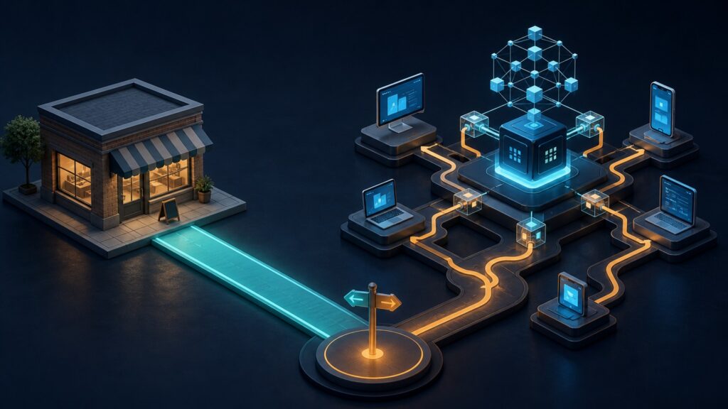 Editorial business scene illustrating small business ecommerce platforms and headless ecommerce platforms