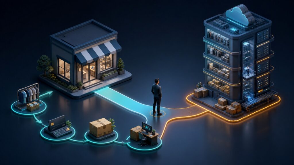 Editorial business scene illustrating small business ecommerce platforms and hosted ecommerce platforms