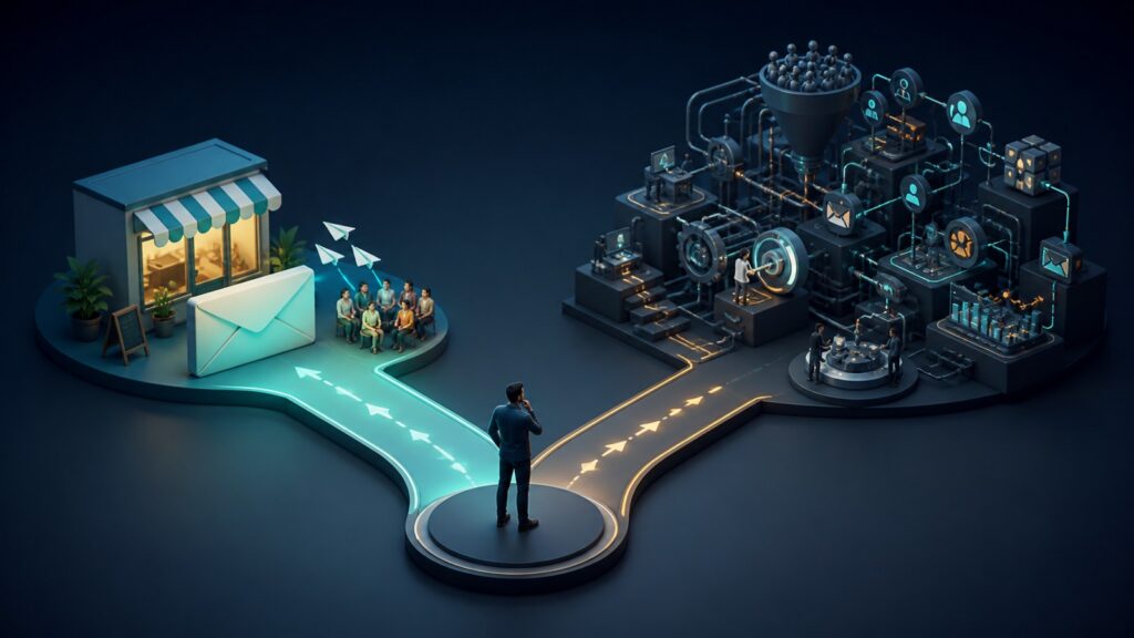 Editorial business scene illustrating small business email marketing software and marketing automation platforms