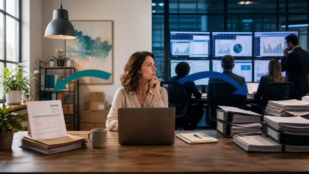 Editorial business scene illustrating small business invoicing software and enterprise accounting software