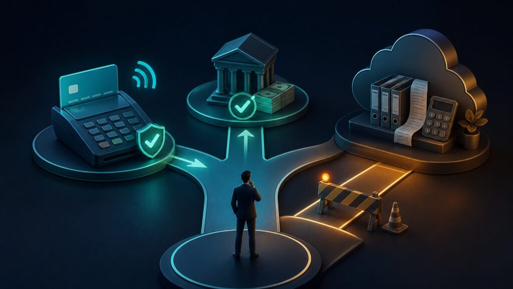 Editorial business scene illustrating small business merchant accounts and cloud accounting software