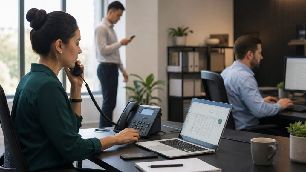 Editorial business scene illustrating small business voip systems and cloud accounting software