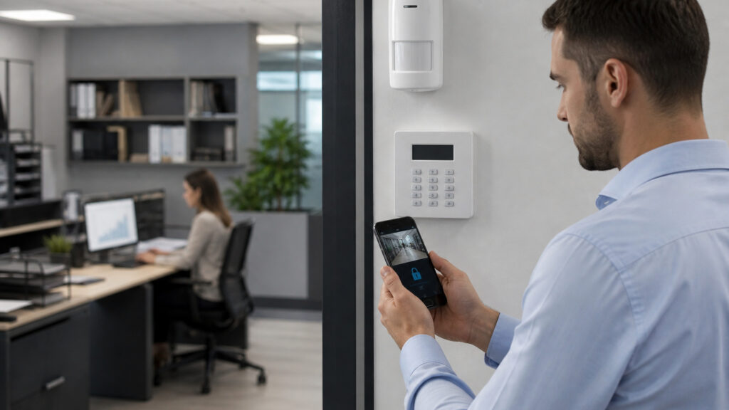 Editorial business scene illustrating smart business alarm systems and cloud accounting software