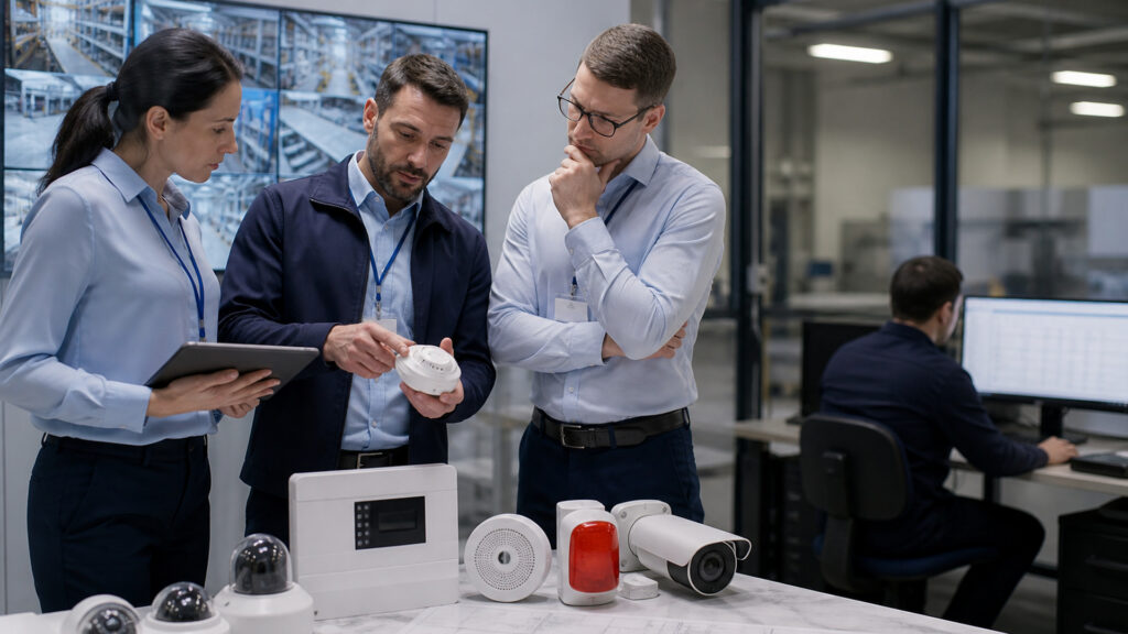 Editorial business scene illustrating smart business alarm systems and enterprise accounting software
