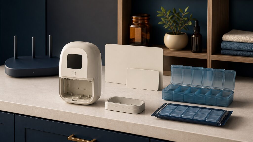 People-free editorial still life illustrating connected controlled dispensing contrasted with user-opened organizer compartments
