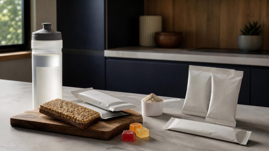 People-free editorial still life illustrating exercise food format versus beverage delivery