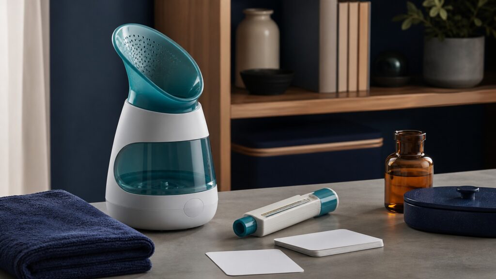 People-free editorial still life illustrating subjective humidified-air comfort contrasted with objective expiratory-flow tracking