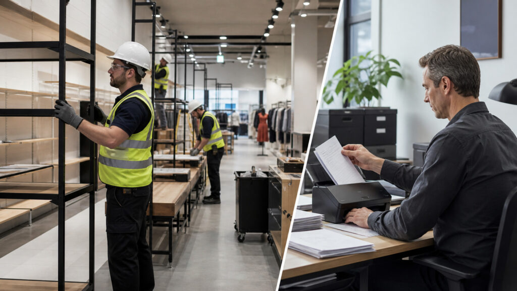 Editorial business scene illustrating store fixtures and document scanners