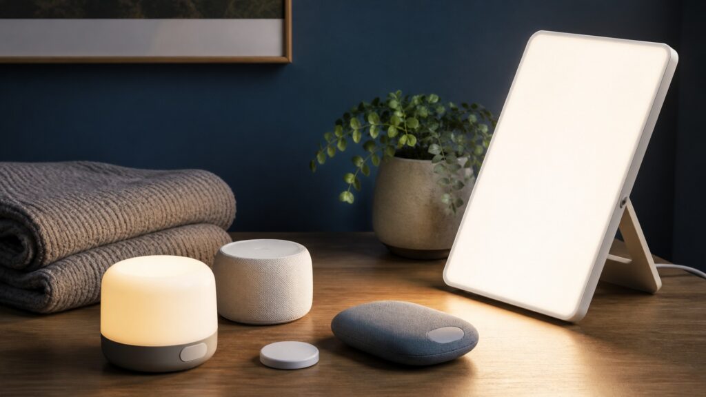 People-free editorial still life illustrating short relaxation input versus circadian light exposure