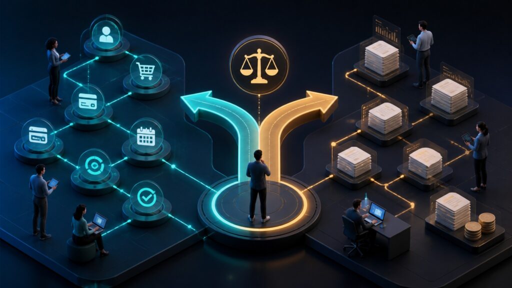 Editorial business scene illustrating subscription billing platforms and cloud accounting software