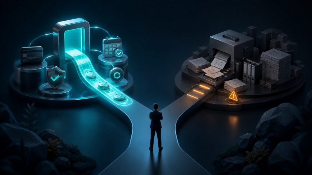 Editorial business scene illustrating subscription payment gateways and enterprise accounting software