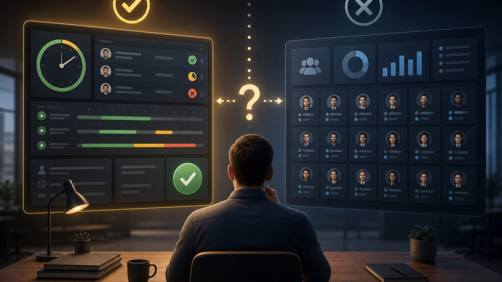 Editorial business scene illustrating time tracking software and hr management systems