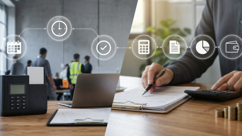 Editorial business scene illustrating time tracking software and payroll software