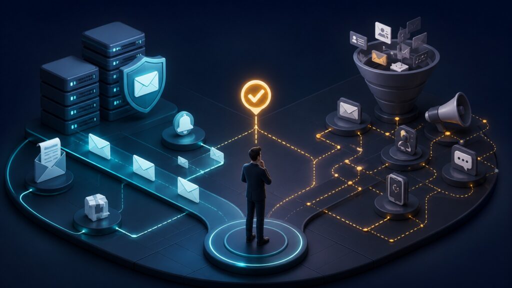 Editorial business scene illustrating transactional email platforms and marketing automation platforms