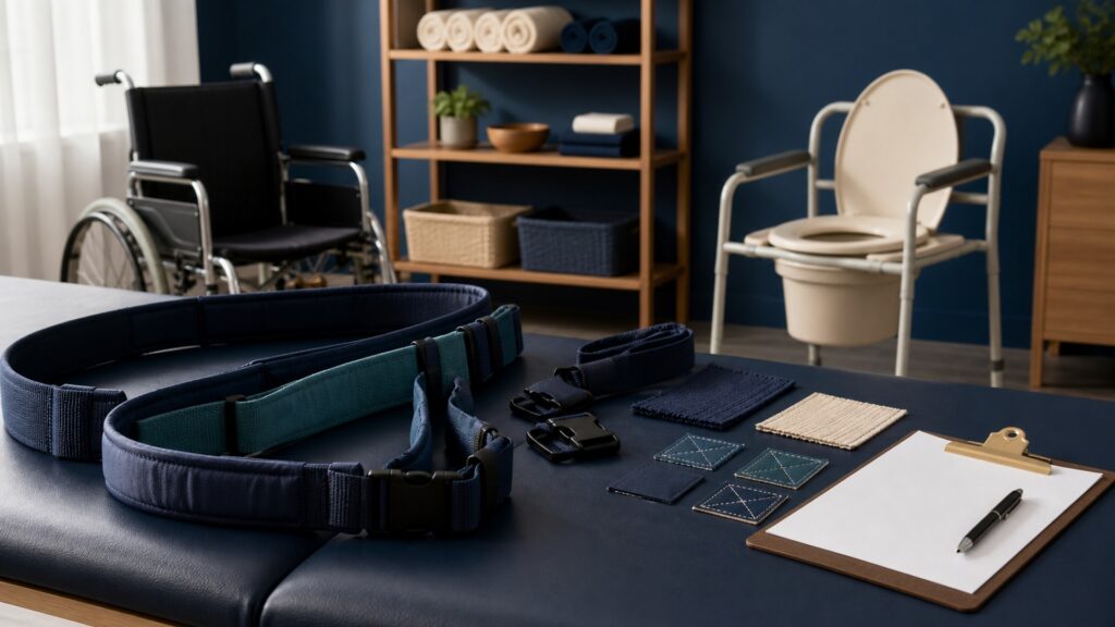 People-free editorial still life illustrating caregiver control during movement contrasted with a stable nearby toileting destination