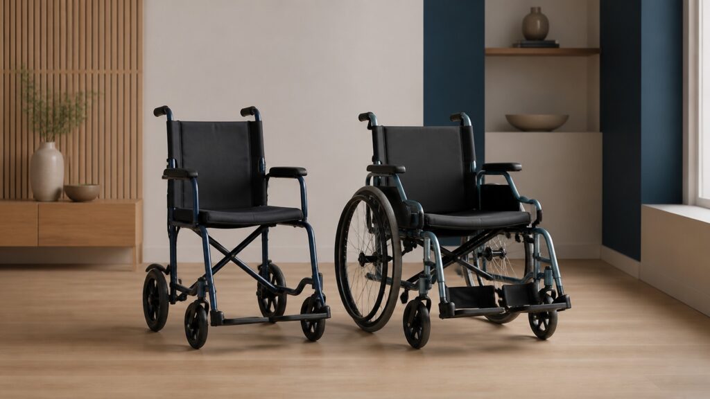 People-free editorial still life illustrating transport chairs instead of wheelchairs