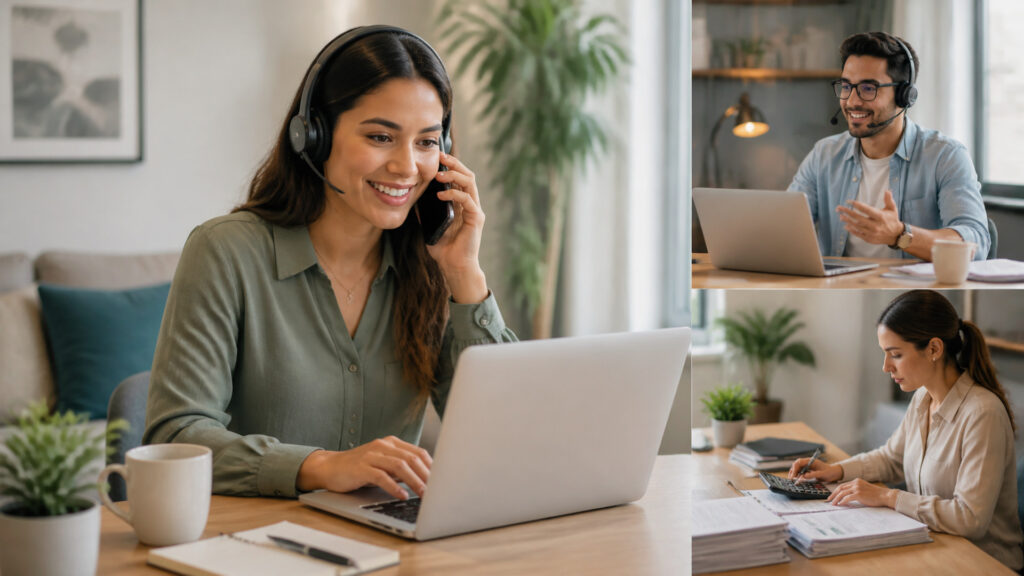 Editorial business scene illustrating virtual phone systems and accounting software