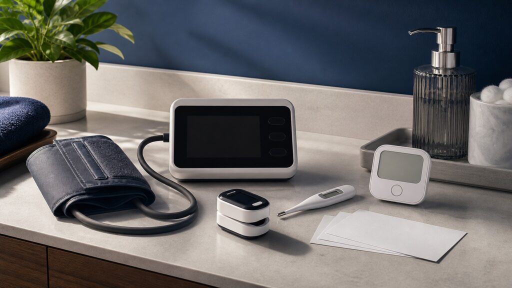 People-free editorial still life illustrating core physiologic signs versus broad physical properties