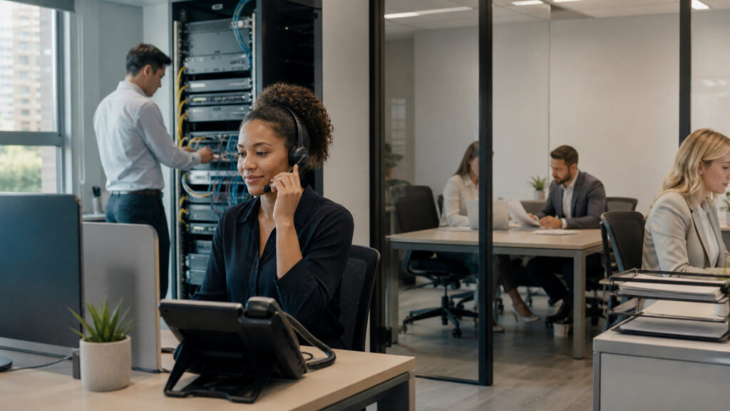 Editorial business scene illustrating voip phone systems and accounting software