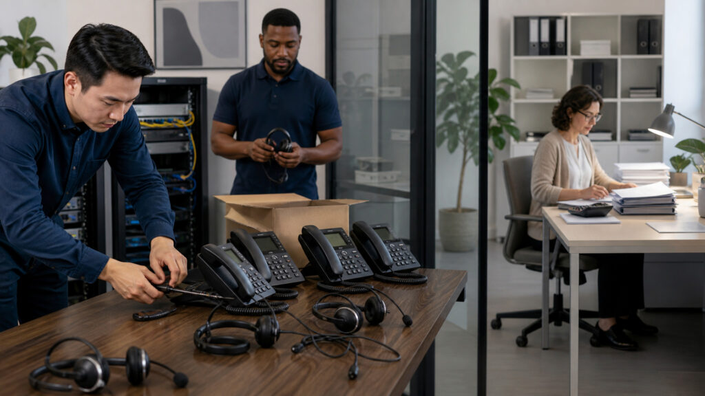 Editorial business scene illustrating voip phone systems and bookkeeping software