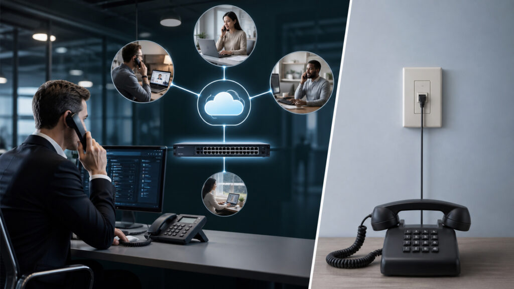 Editorial business scene illustrating voip phone systems and traditional landlines