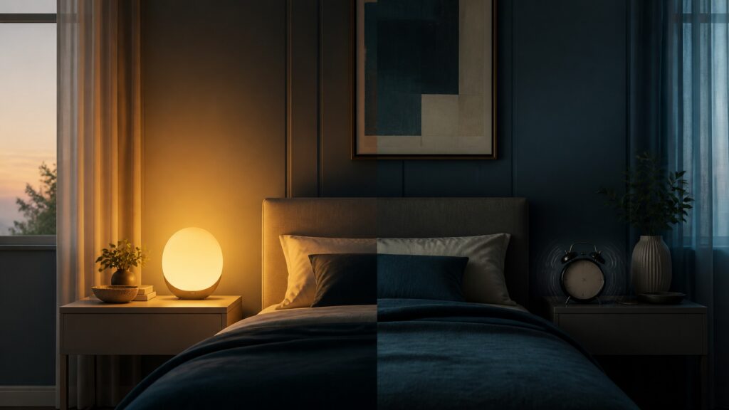 People-free editorial still life illustrating wake-up lights instead of traditional alarm clocks