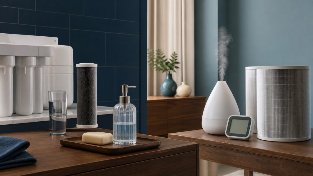 People-free editorial still life illustrating water sanitation versus indoor moisture management