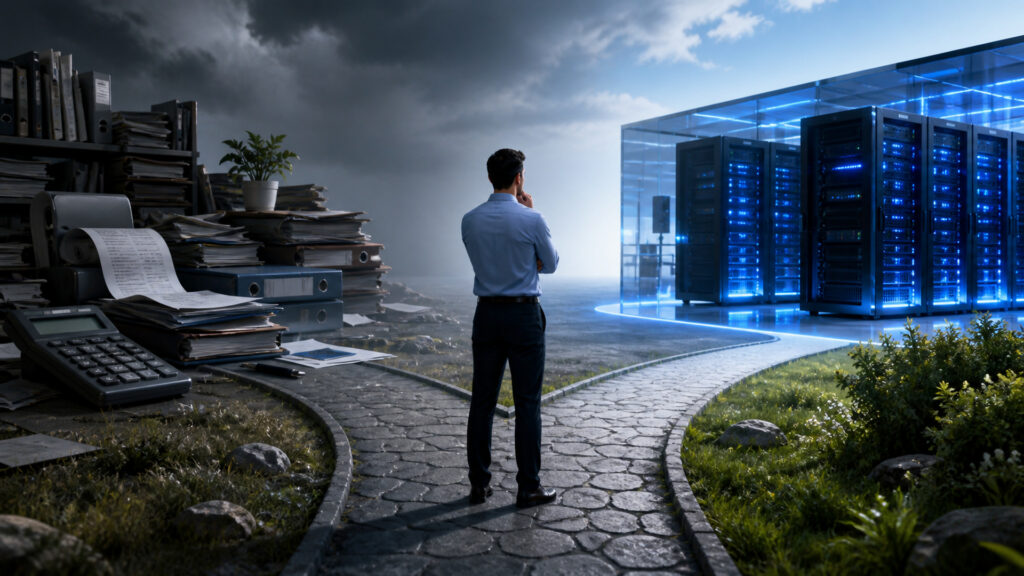 Editorial business scene illustrating web hosting services and accounting software