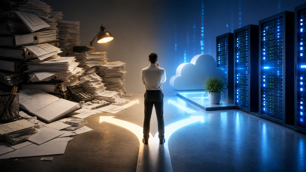 Editorial business scene illustrating web hosting services and bookkeeping software