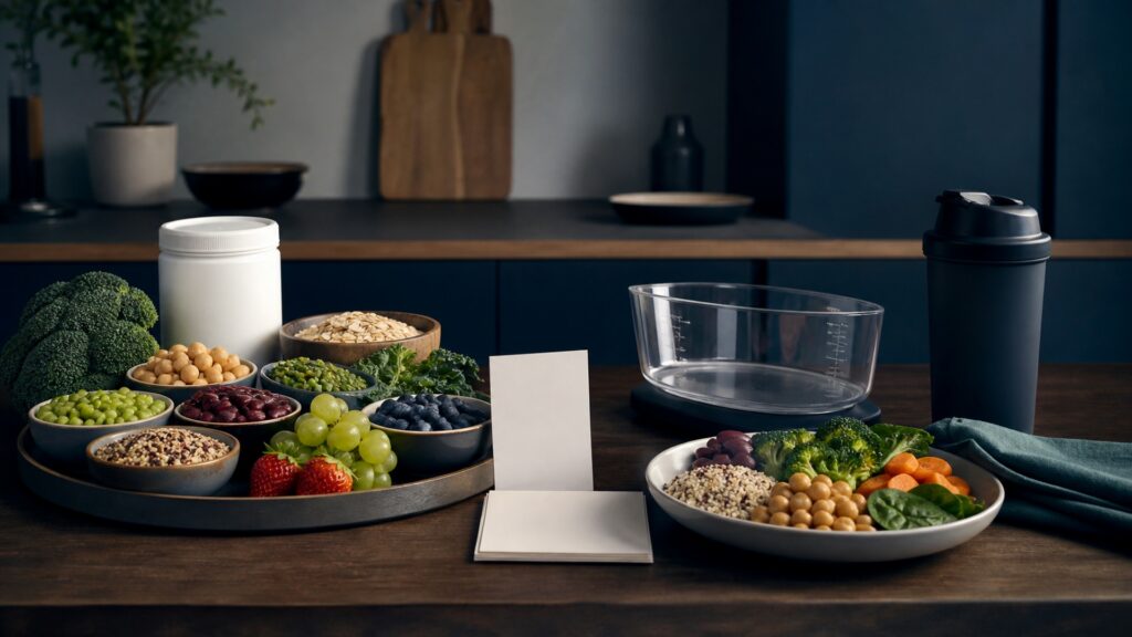 People-free editorial still life illustrating structured energy-aware plan versus general healthy eating