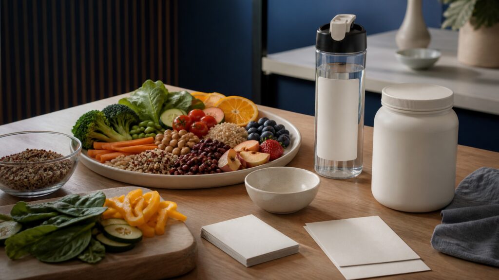 People-free editorial still life illustrating dietary structure versus beverage objective