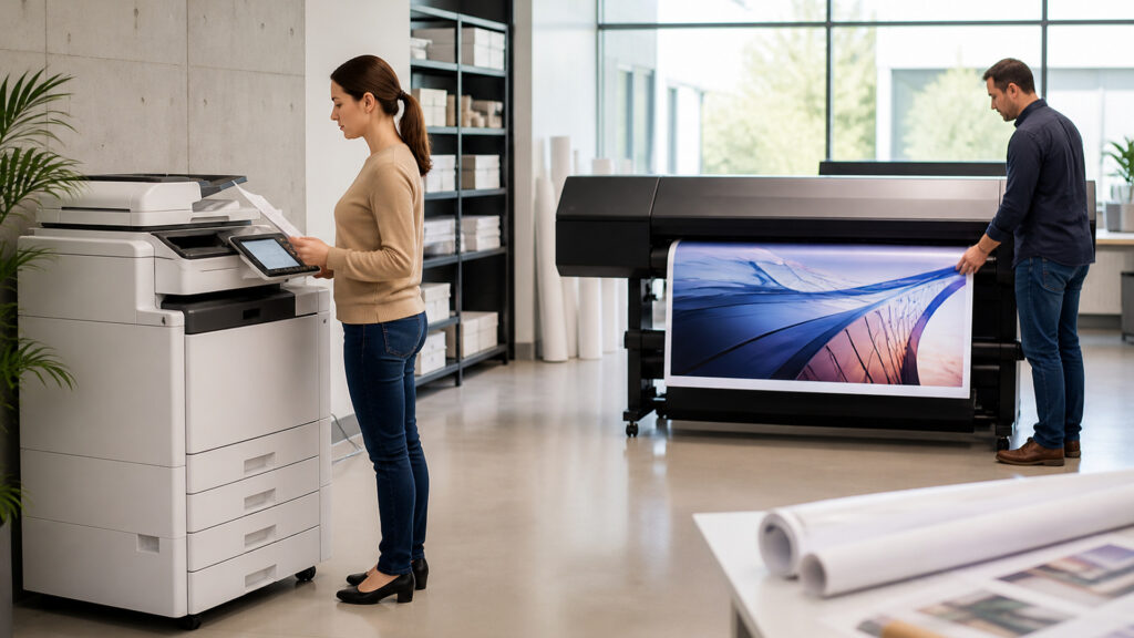 Editorial business scene illustrating wide format office printers and all-in-one office printers