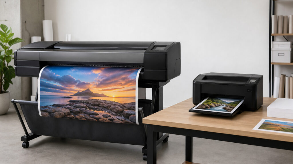Editorial business scene illustrating wide format office printers and inkjet office printers