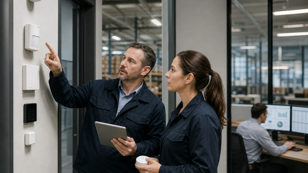 Editorial business scene illustrating wireless business alarm systems and enterprise accounting software