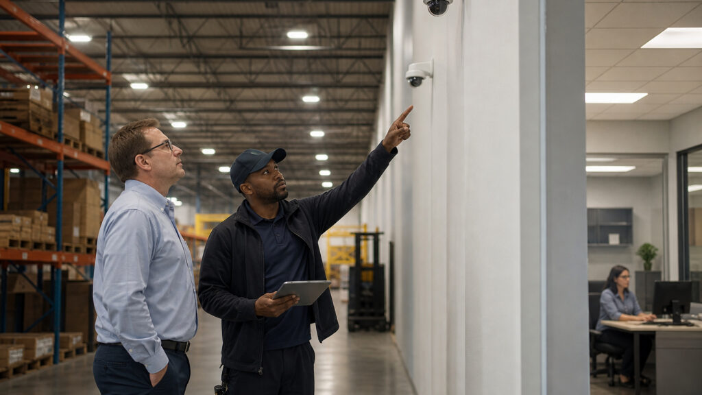 Editorial business scene illustrating wireless security camera systems and enterprise accounting software