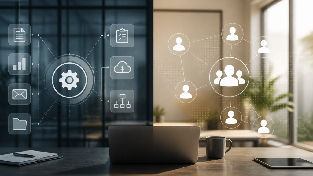 Editorial business scene illustrating workflow automation software and (crm) software