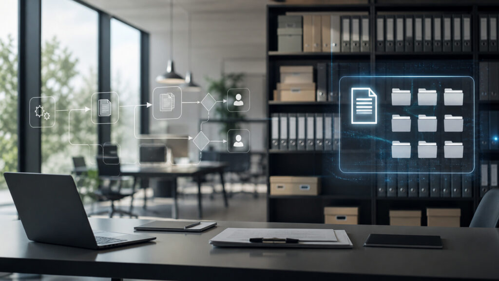 Editorial business scene illustrating workflow automation software and document management software