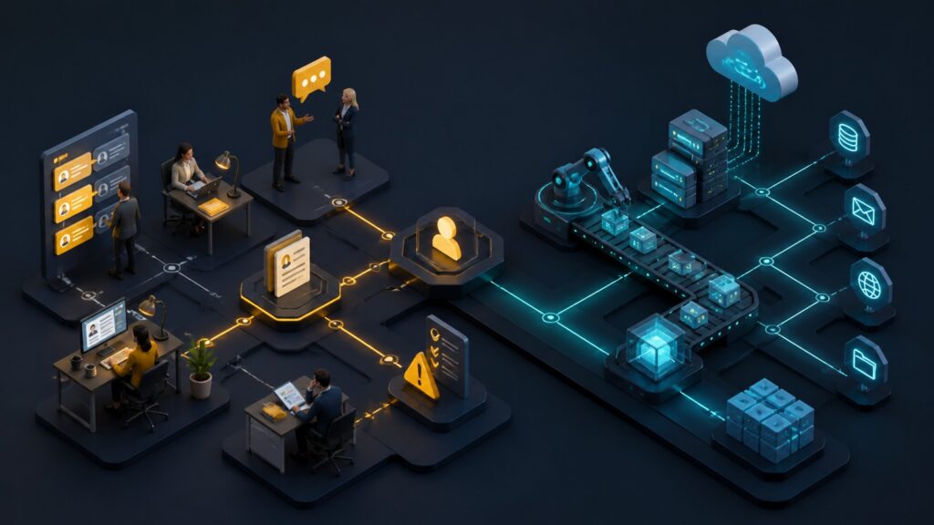 Editorial business scene illustrating workflow management systems and integration automation software